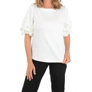 NEW BEVERLY ROSE pearl gathered elbow sleeve top in white